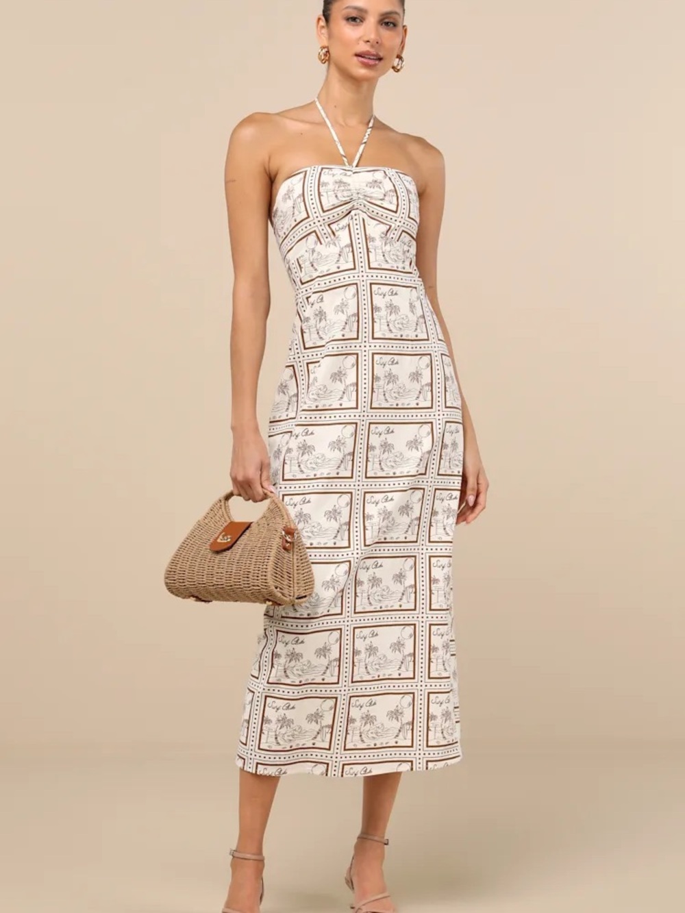Asiya Beige Stamp Print Halter Midi Dress Dress